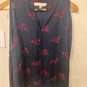 LOFT Navy and Pink Floral Blouse